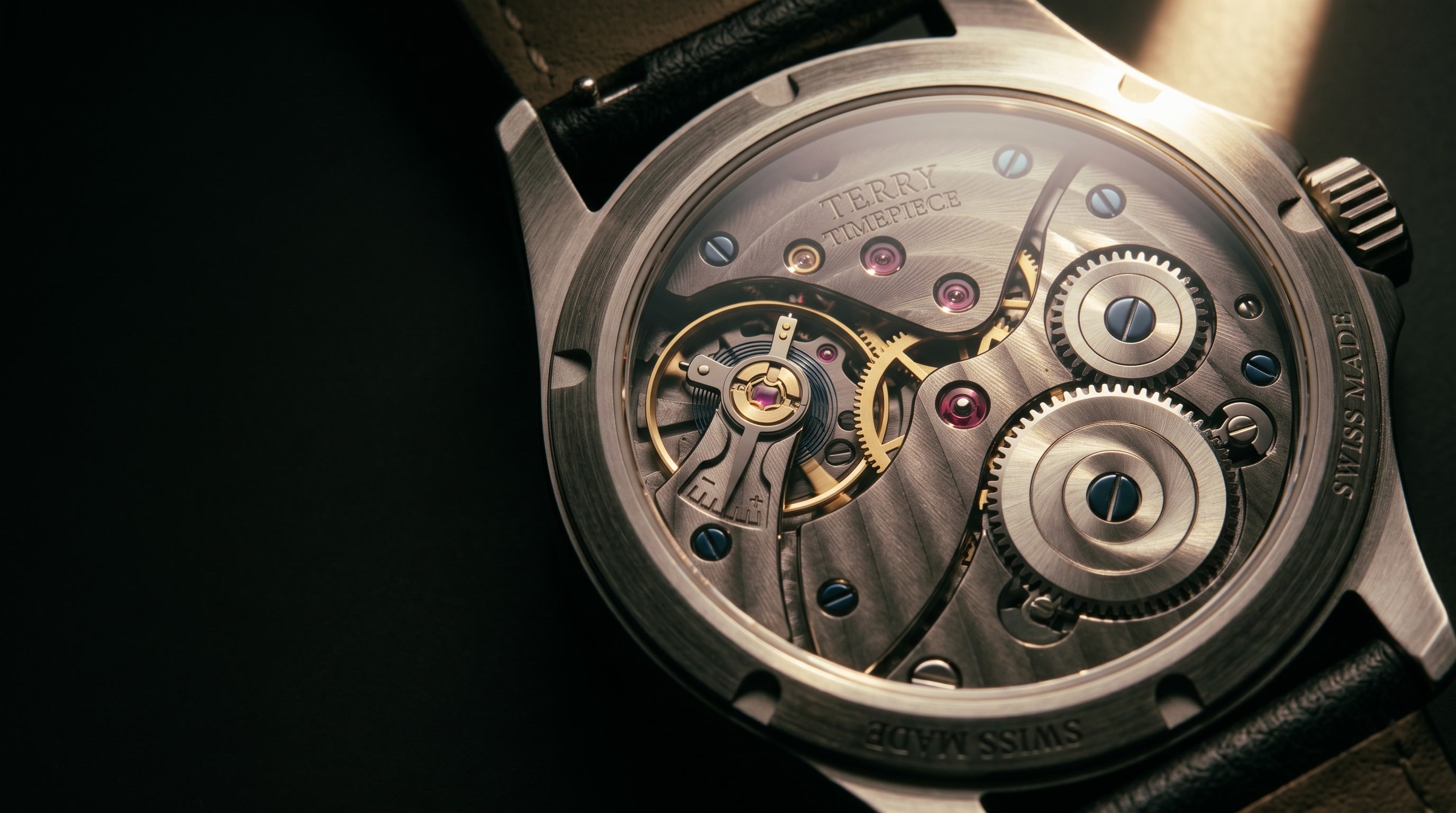 Macro view of the Terry Timepiece calibre: bridges, toothed wheels and ruby jewels finished in gold and dark steel.