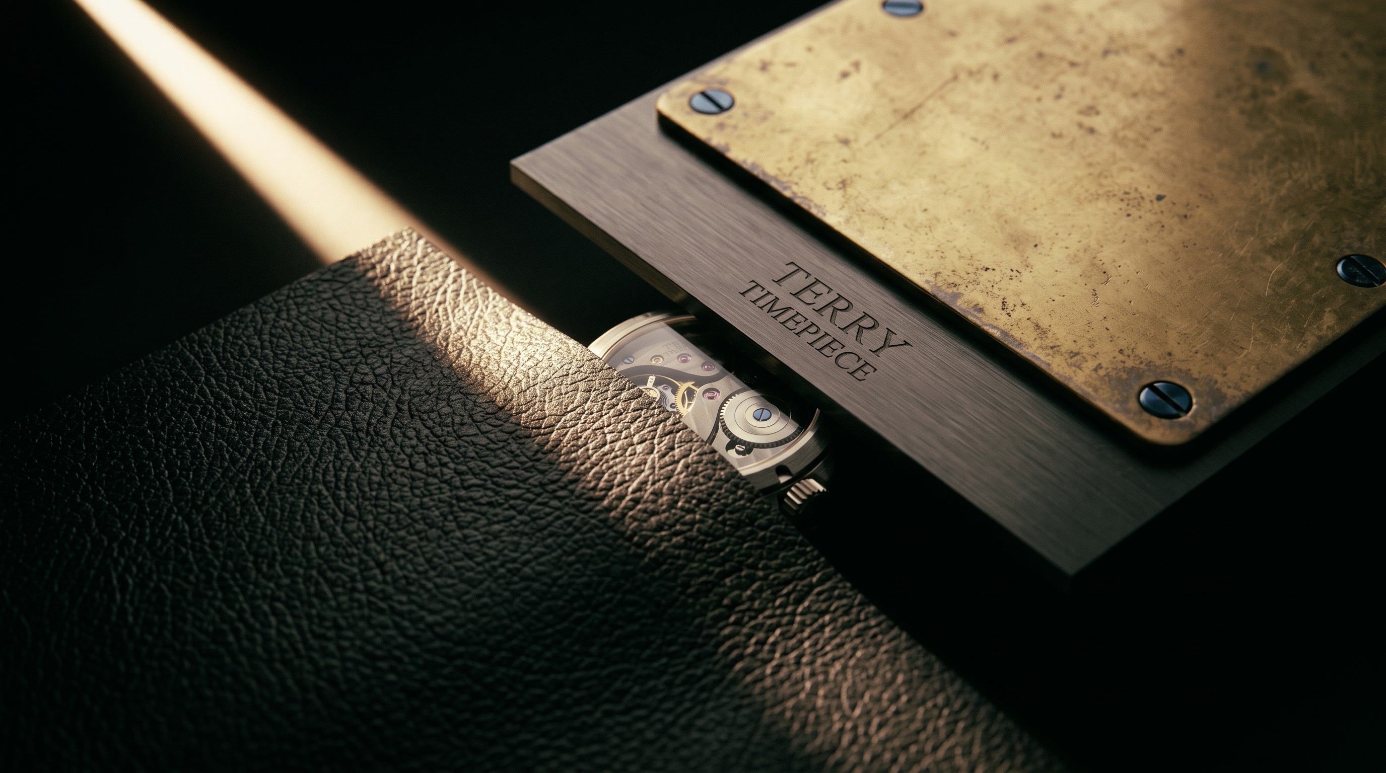 The timepiece beside its raw materials: a brushed steel plate, aged brass and a panel of black grained leather under a single shaft of light.